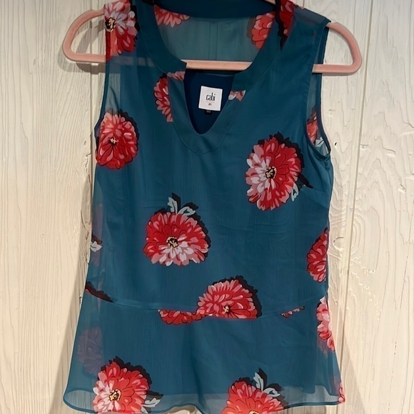 CAbi Tops - Cabi FLORAL BLOUSE TEAL BACKGROUND WITH PINK FLOWERS PEPLUM SIZE XS